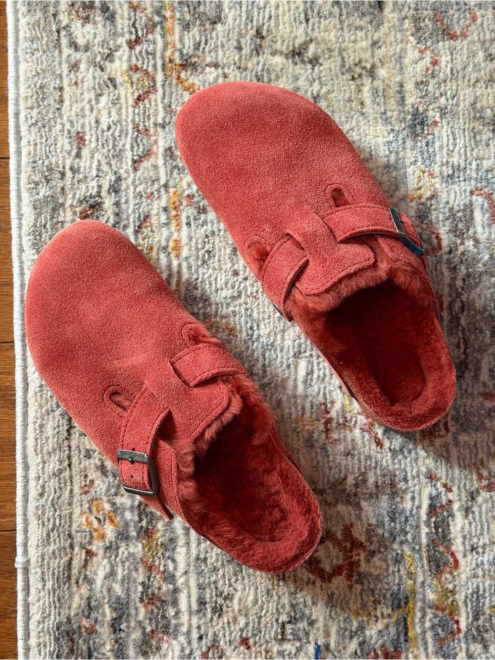 Birkenstock Clogs in Coral Red, genuine leather and fur, 39